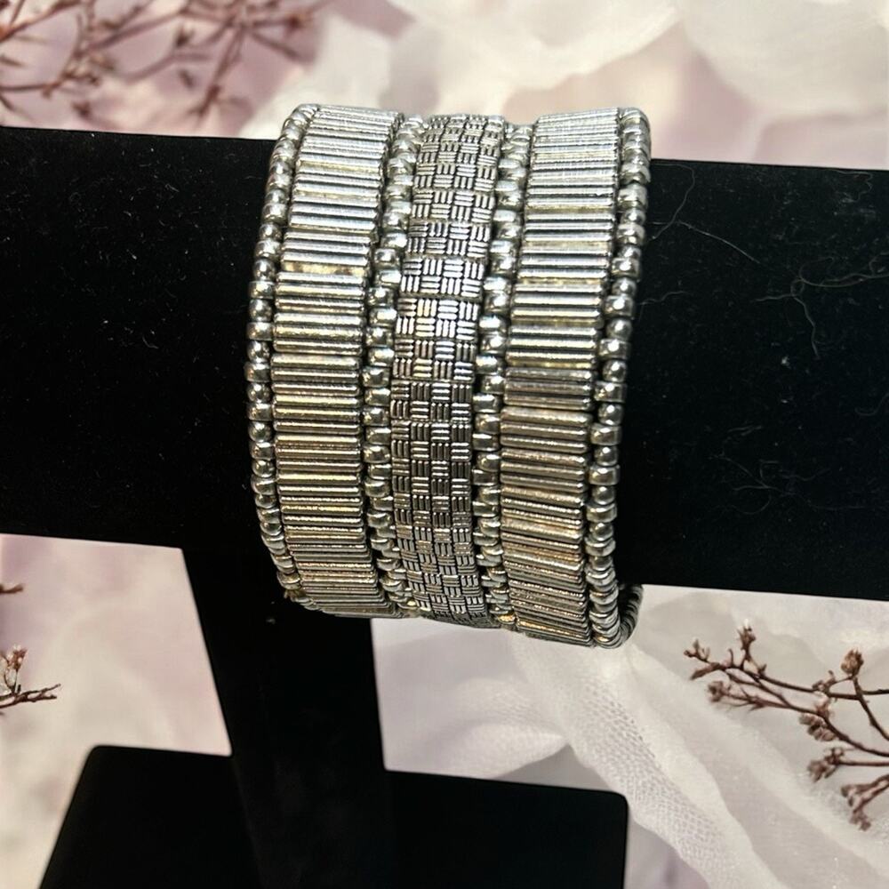 Wide Silver Tone Stretch Bracelet Cuff -1.75” Wide - Ribbed Beaded Design-